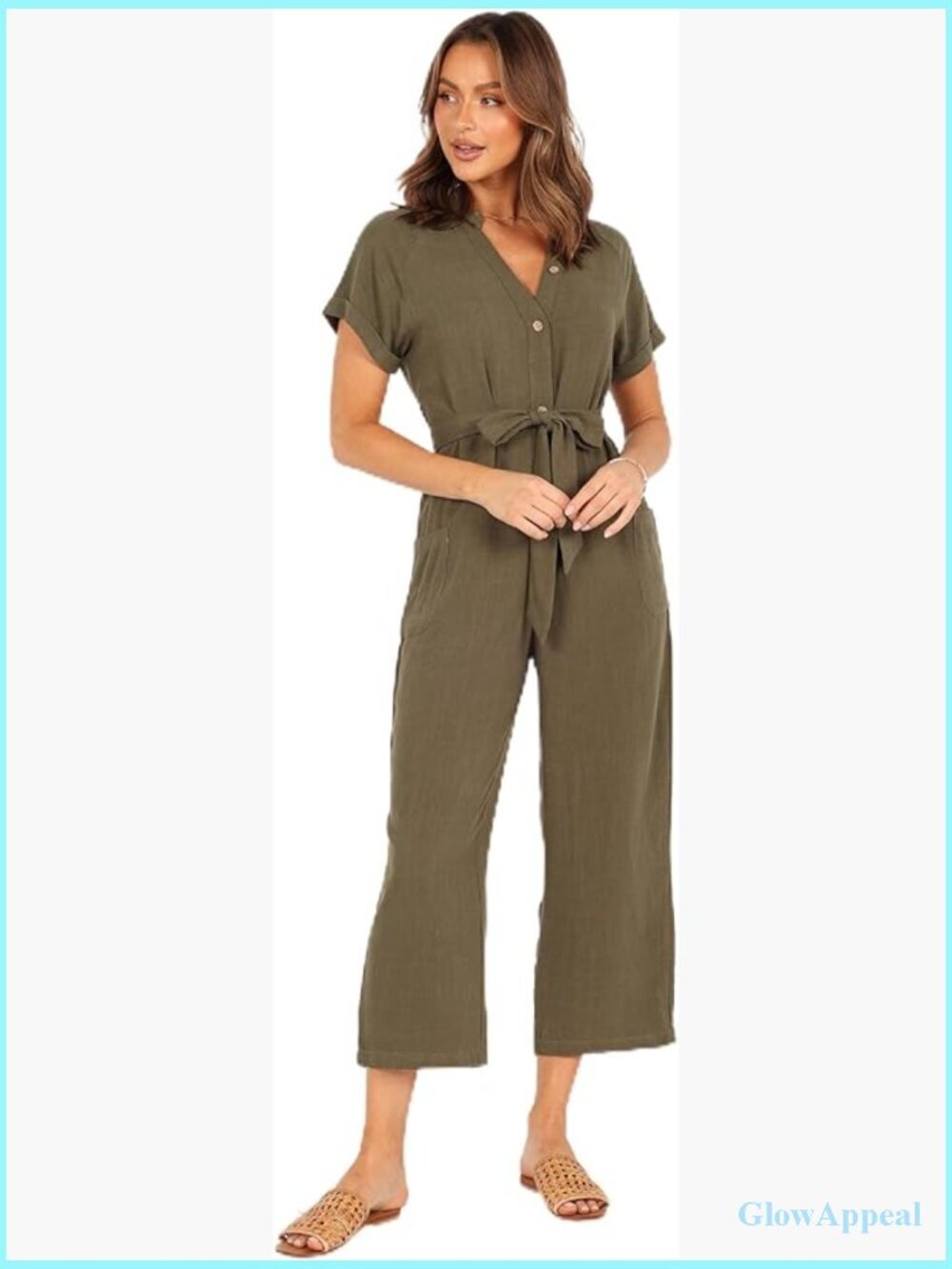 Linen V-Neck Jumpsuit with Pockets Short Sleeve Button Closure